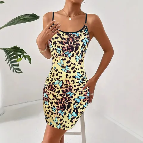 Women Sexy Leopard Butterfly Print Bodycon Mini Dress Summer Round Neck Sleeveless Cami Dress Club Party Outwear Dress