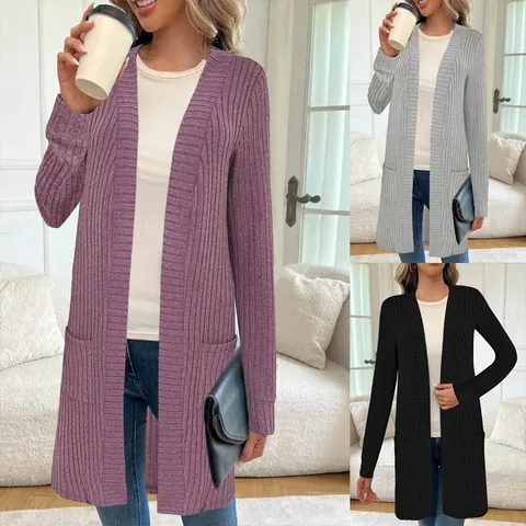 Damen Übergrößen Langer Strickmantel Mit Offener Vorderseite Casual Einfarbig Gerippt Lockere Oberbekleidung Mit Taschen Polyester Top