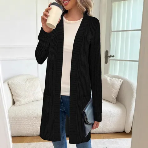 Damen Übergrößen Langer Strickmantel Mit Offener Vorderseite Casual Einfarbig Gerippt Lockere Oberbekleidung Mit Taschen Polyester Top