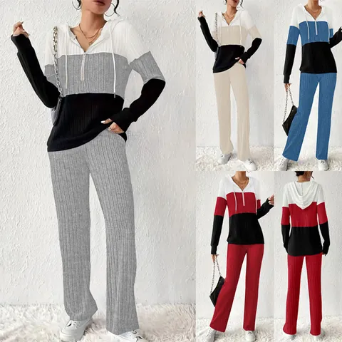 Women Plus Size Color Block Hooded Sweatshirt Pullover Top And Bottom Outfits Casual Ribbed Knit Sporty Sweatsuit