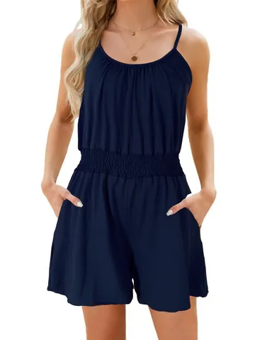 Women Casual Spaghetti Strap Romper Summer Sleeveless Smocked Waist Jumpsuit With Pockets Solid Color Relaxed Fit Short Romper