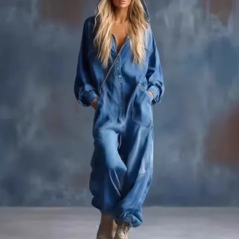 Women's Denim Print Hooded Jumpsuit Loose Casual Long Sleeve One Piece Cargo Style Jumpsuit With Large Pockets