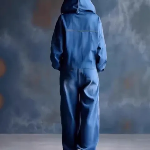 Women's Denim Print Hooded Jumpsuit Loose Casual Long Sleeve One Piece Cargo Style Jumpsuit With Large Pockets
