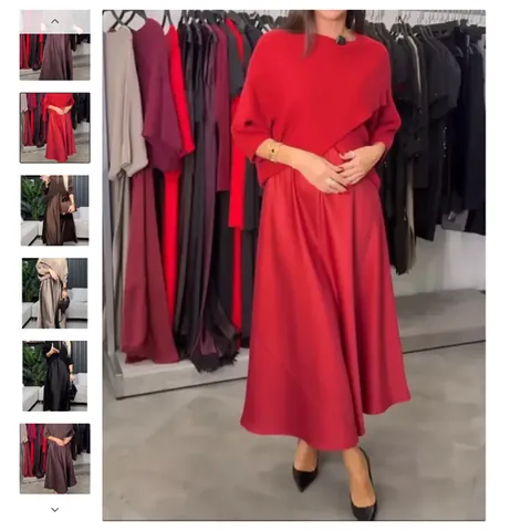 Women Elegant Knitted Maxi Dress Crew Neck Half Sleeve Solid Color Two-Piece Look Loose A-Line Long Dress For Winter Office