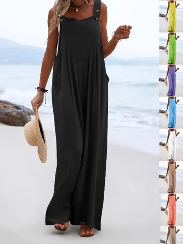 Women Summer Sleeveless Solid Color Jumpsuit Casual Loose Wide Leg Romper With Pockets Beach Vacation Overall Top And Bottom