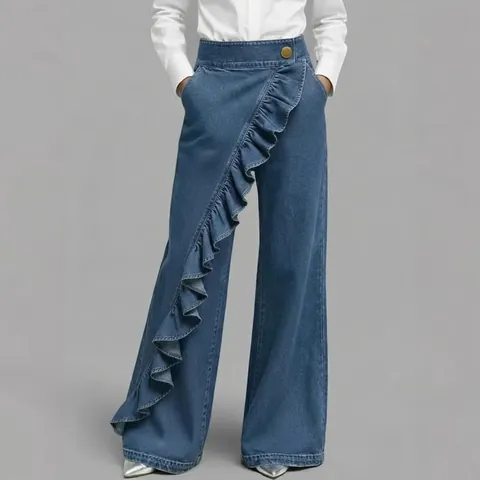 Women Retro High Waist Asymmetric Ruffle Wide Leg Jeans Casual A-Line Solid Denim Style Loose Fit Polyester Pants For Ladies