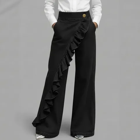 Women Retro High Waist Asymmetric Ruffle Wide Leg Jeans Casual A-Line Solid Denim Style Loose Fit Polyester Pants For Ladies