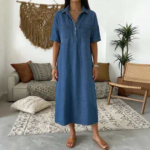 Women's Loose V-Neck Faux Denim Dress Casual Short Sleeve Midi Dress With Pockets And Buttons Solid Color Printed Fashion Dress