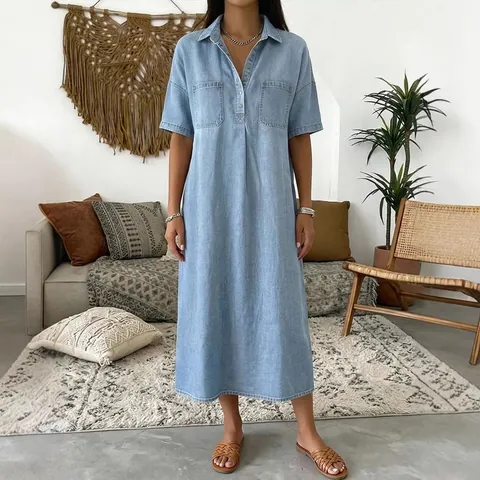 Women's Loose V-Neck Faux Denim Dress Casual Short Sleeve Midi Dress With Pockets And Buttons Solid Color Printed Fashion Dress
