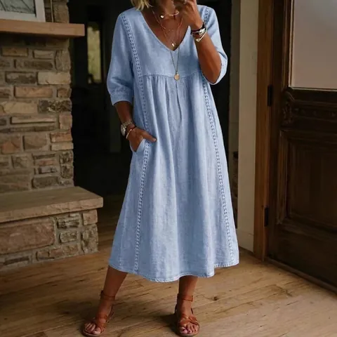 Women Casual V-Neck Mid-Sleeve Midi Dress Faux Denim Loose Pullover Dress With Embroidery Lace Detail And Pockets Fashion Elegant Streetwear Dress