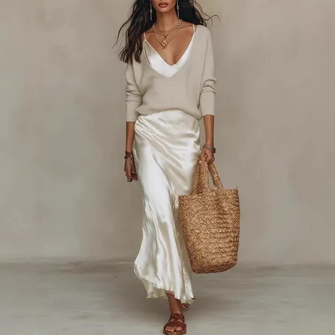 Haut Et Bas Femme Élégante Robe En Satin Et Pull En Tricot À Manches Longues Avec Col En V Navette Tenues De Bureau Décontractées