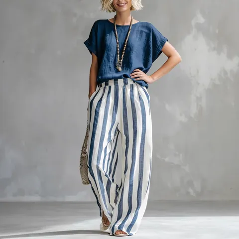 Conjunto de Dos Piezas Casual para Mujer con Patrón de Rayas Cuello Redondo Manga Corta Parte Superior e Inferior