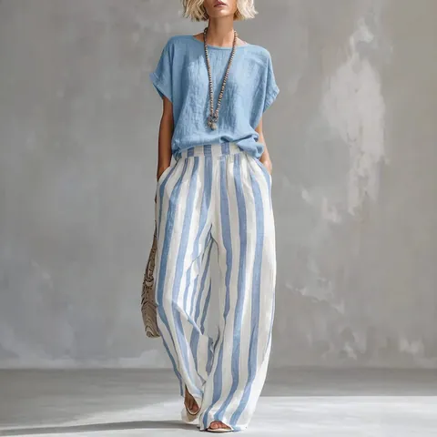 Conjunto de Dos Piezas Casual para Mujer con Patrón de Rayas Cuello Redondo Manga Corta Parte Superior e Inferior