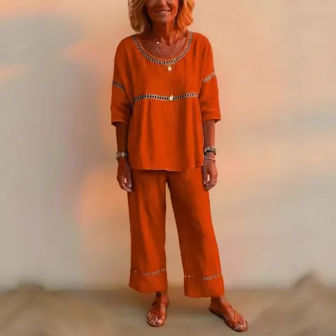 Damen Casual Polyester Top And Bottom Set Einfarbig Rundhals Hohl Aus Locker Halbarm Oberteil Und Weite Hose Anzug