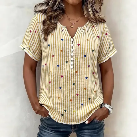 Camisa de Talla Grande para Mujer con Estampado de Corazón Rayado Manga Corta Casual Cuello en V Suelta Blusa Media