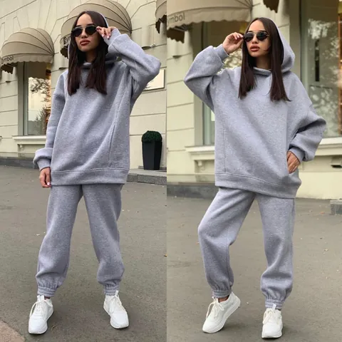 Ensemble Sweat à Capuche Femme Décontracté Couleur Unie Oversize Épaules Tombantes Poche Kangourou Sweat Polaire Et Pantalon de Jogging Top Et Bottom