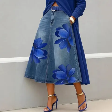 Γυναικεία Μόδα Faux Denim Φλοράλ Εκτύπωση Γραμμή Α Φούστα Ψηλόμεση Midi Φούστα Για Casual Ταξίδια Καθημερινή Εμφάνιση Streetwear Κάτω Μέρος