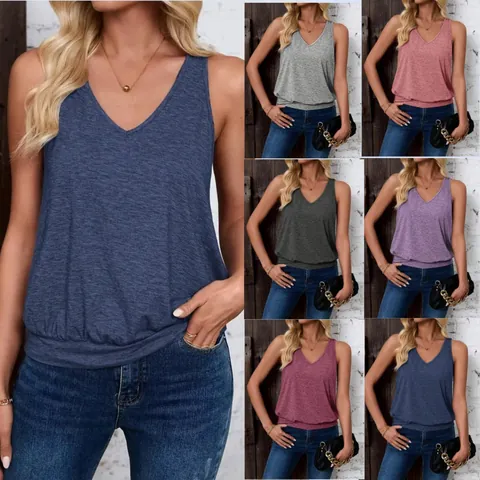 Damen Casual Ärmellos V-Ausschnitt Tanktop Einfarbig Baumwollmischung Sommer Top Mode Ärmellose Weste Damen Casual Täglich