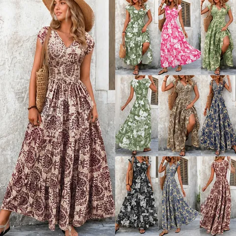 Women Vintage Floral Print Maxi Dress Elegant V-Neck Short Sleeve Smocked Waist A-Line Long Dress For Summer Vacation Casual