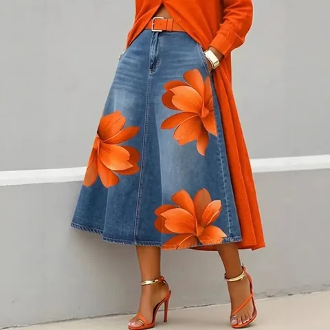 Γυναικεία Μόδα Faux Denim Φλοράλ Εκτύπωση Γραμμή Α Φούστα Ψηλόμεση Midi Φούστα Για Casual Ταξίδια Καθημερινή Εμφάνιση Streetwear Κάτω Μέρος