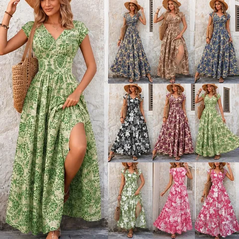 Women Vintage Floral Print Maxi Dress Elegant V-Neck Short Sleeve Bohemian A-Line Tiered Long Dress For Summer Vacation Plus Size