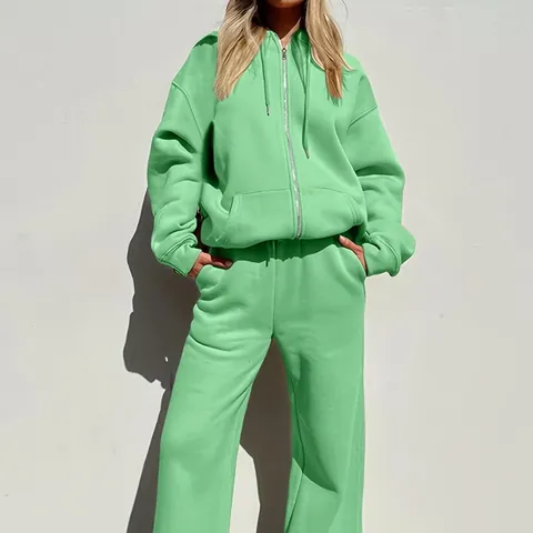 Women Casual Hooded Sportswear Set Loose Zipper Sweatshirt And Straight Jogger Pants Top And Bottom Sweatsuit Outfits