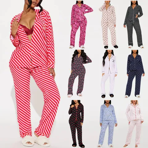 Women's Polyester Pajama Set Long Sleeve Top And Bottom Printed Nightwear Lapel Button Sleepwear For Home Casual Style