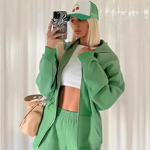 Women Casual Hooded Sportswear Set Loose Zipper Sweatshirt And Straight Jogger Pants Top And Bottom Sweatsuit Outfits
