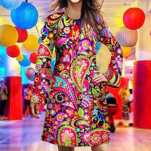 Mini Vestido Estampado Retro Hippie para Mujer Floral Símbolo de la Paz Manga Acampanada Disfraz de Halloween Top And Bottom