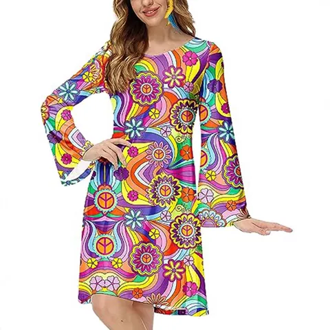 Mini Vestido Estampado Retro Hippie para Mujer Floral Símbolo de la Paz Manga Acampanada Disfraz de Halloween Top And Bottom