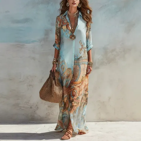 Robe Maxi Imprimée Numérique Vintage pour Femmes Col Chemise Fluide Manches Longues Style Bohème Robe Longue de Plage