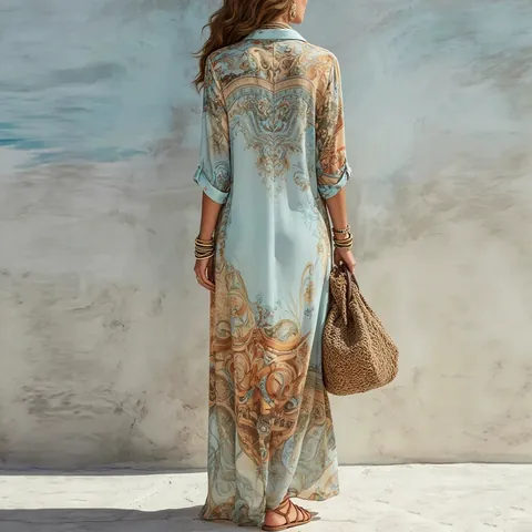 Robe Maxi Imprimée Numérique Vintage pour Femmes Col Chemise Fluide Manches Longues Style Bohème Robe Longue de Plage