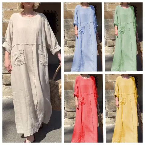 Women Casual Cotton Linen Maxi Dress Solid Color Round Neck Long Sleeve Pleated Dress with Pockets Loose Fit Holiday Gown