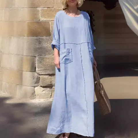 Women Casual Cotton Linen Maxi Dress Solid Color Round Neck Long Sleeve Pleated Dress with Pockets Loose Fit Holiday Gown