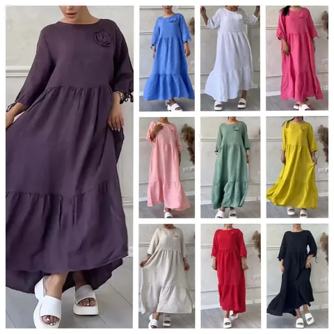 Damen Rundhals Gezogen Langarm Gestufter Maxi Kleid Baumwolle Polyester Einfarbig Kordelzug Rücken Bindeband Lässig Urlaub Kleid