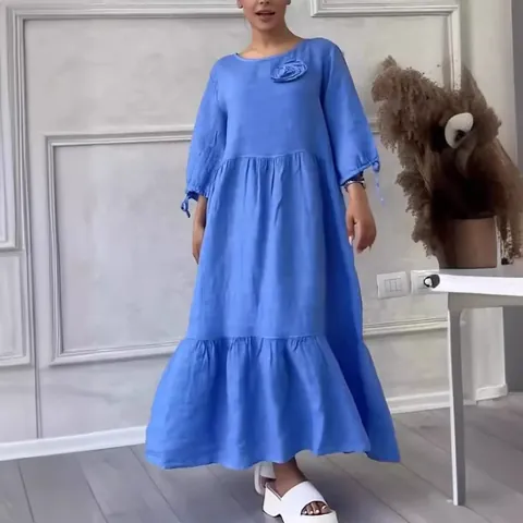 Damen Rundhals Gezogen Langarm Gestufter Maxi Kleid Baumwolle Polyester Einfarbig Kordelzug Rücken Bindeband Lässig Urlaub Kleid