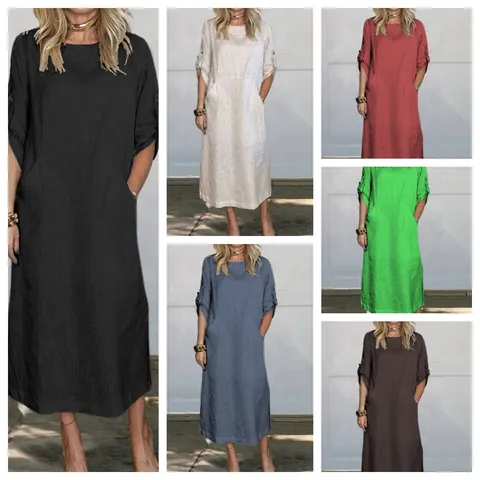 Robe Longue Décontractée en Coton et Lin pour Femmes Col Rond Couleur Unie Manches Courtes Avec Poches Vêtement d'Été Confortable