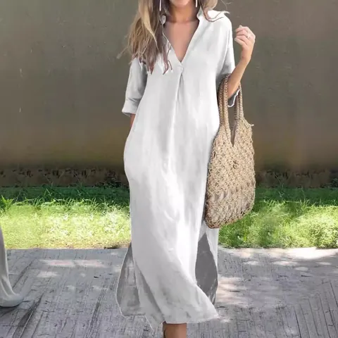 Women Summer Casual Cotton Linen Dress V Neck Pleated Half Sleeve Side Slit Solid Color Loose Midi Dress For Daily Vacation Wear