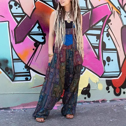 Women Hippie Boho Patchwork Jumpsuit Ethnic Printed Sleeveless Loose Harem Overalls With Pockets Polyester Jumpsuit For Vacation