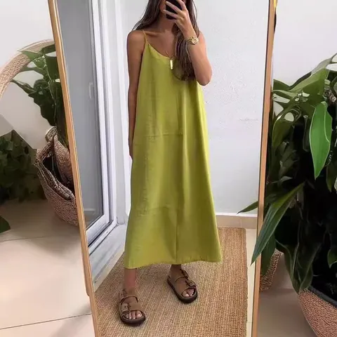 Women Casual Loose Polyester Crinkled Camisole Maxi Dress Solid Color Spaghetti Strap V-Neck Summer Beach Vacation Dress