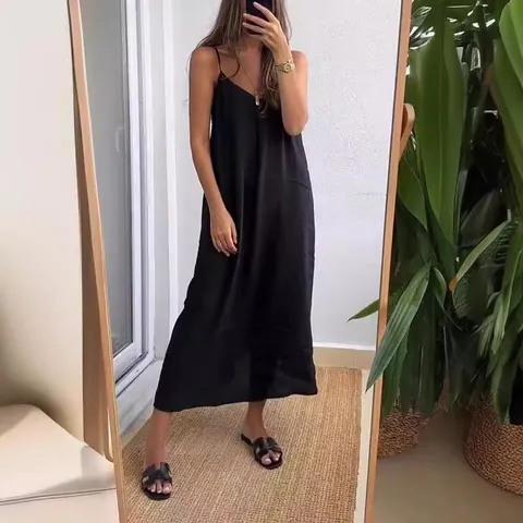 Women Casual Loose Polyester Crinkled Camisole Maxi Dress Solid Color Spaghetti Strap V-Neck Summer Beach Vacation Dress