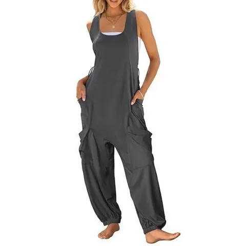 Women Loose Sleeveless Harem Jumpsuit With Pockets Casual Polyester Jumpsuit Top And Bottom For Summer Fashion Jumpsuit