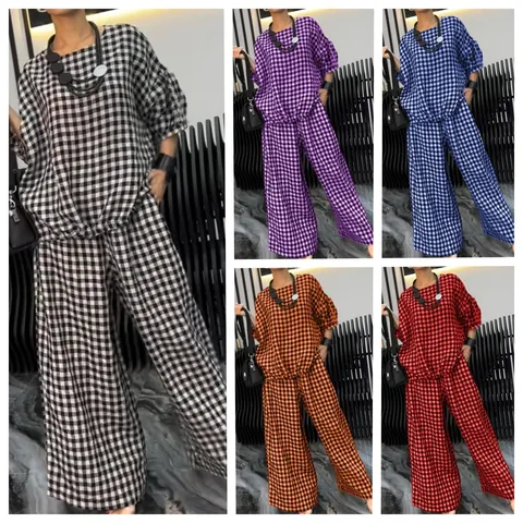 Damen Polyester Gingham Kariert Top Und Bottom Set Lässig Kurzarm Kordelzug Hinten Weites Bein Hose Outfit