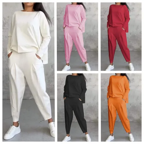 Ensemble Femme Décontracté Couleur Unie Col Rond Manches Longues Haut et Pantalon de Jogging Polyester Tenue Assortie