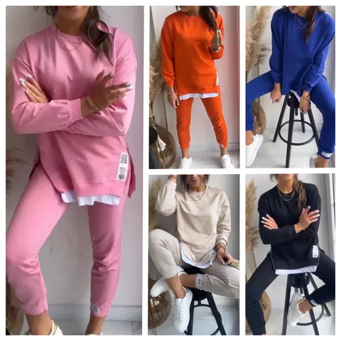 Damen Casual Geripptes Rundhals Langarm Sweatshirt und Gerade Hose Sportlicher Zweiteiler Trainingsanzug Mit Seitenreißverschlüssen