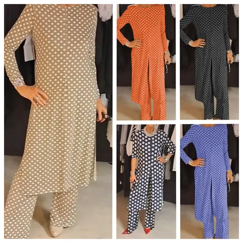 Women Casual Polka Dot Pants Set Round Neck Long Sleeve Side Split Top And Wide Leg Pants Two Piece Outfit Loungewear Suit