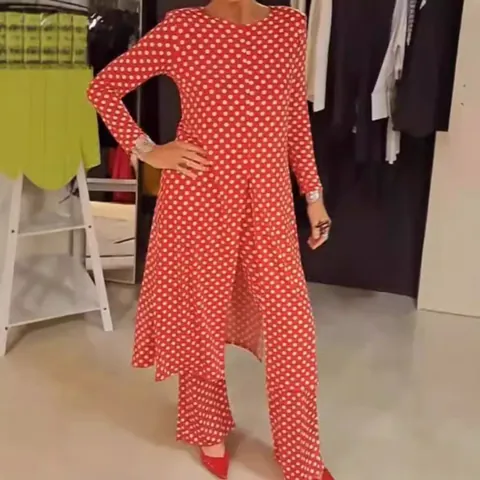 Women Casual Polka Dot Pants Set Round Neck Long Sleeve Side Split Top And Wide Leg Pants Two Piece Outfit Loungewear Suit