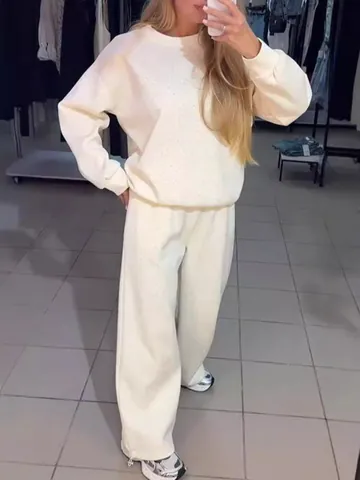 Γυναικείο Casual Πάνω Και Κάτω Μέρος Φούτερ Με Στρογγυλή Λαιμόκοψη Μακρυμάνικο Και Παντελόνι Με Κορδόνι Φθινόπωρο Χειμώνας Φόρμα Μονόχρωμη Με Στρας