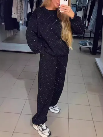 Γυναικείο Casual Πάνω Και Κάτω Μέρος Φούτερ Με Στρογγυλή Λαιμόκοψη Μακρυμάνικο Και Παντελόνι Με Κορδόνι Φθινόπωρο Χειμώνας Φόρμα Μονόχρωμη Με Στρας