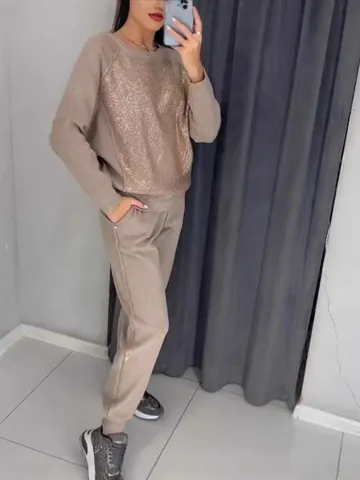 Women Fashion Tracksuit Hot-fix Rhinestone Round Neck Long Sleeve Sweatshirt and Jogger Pants Two-Piece Set Casual Lounge Wear